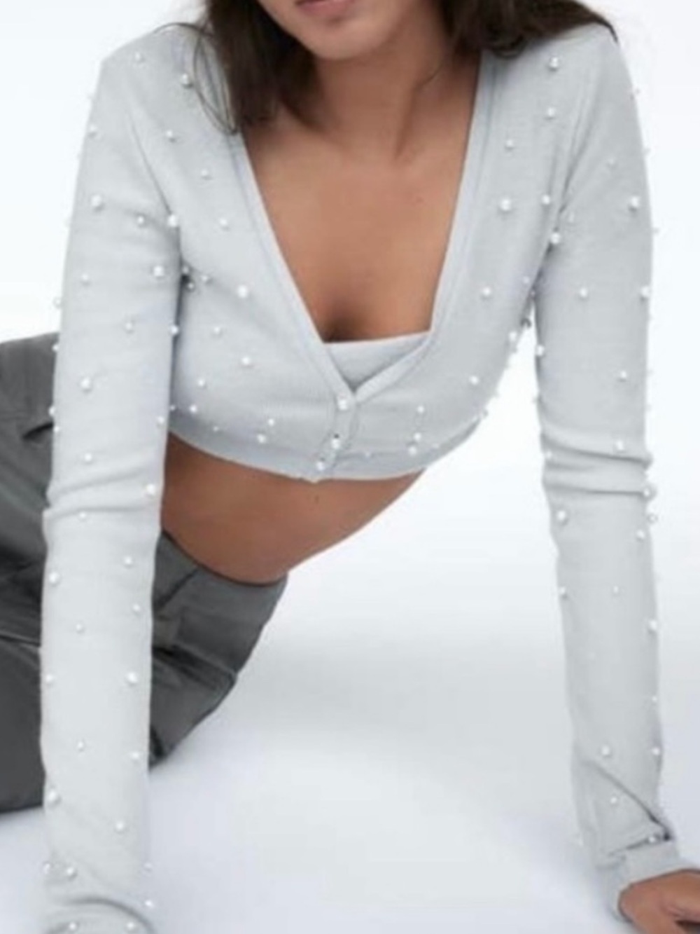 Zara Light Green Cropped V-Neck Sweater & crop top with Pearls